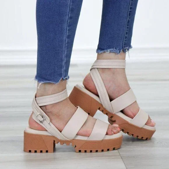 Nude Strappy Chunky Heel Sandal Faux Leather - Picture 2 of 12